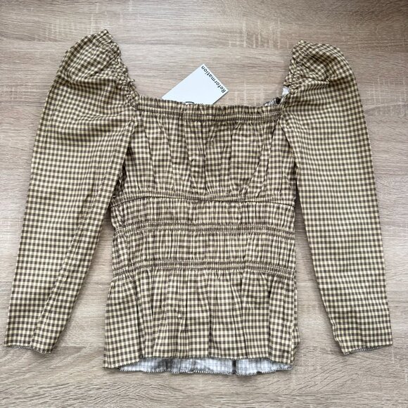 NWT Reformation Lauryn Checkered Quarter Sleeve Bow Top Brown 8 - Picture 11 of 17